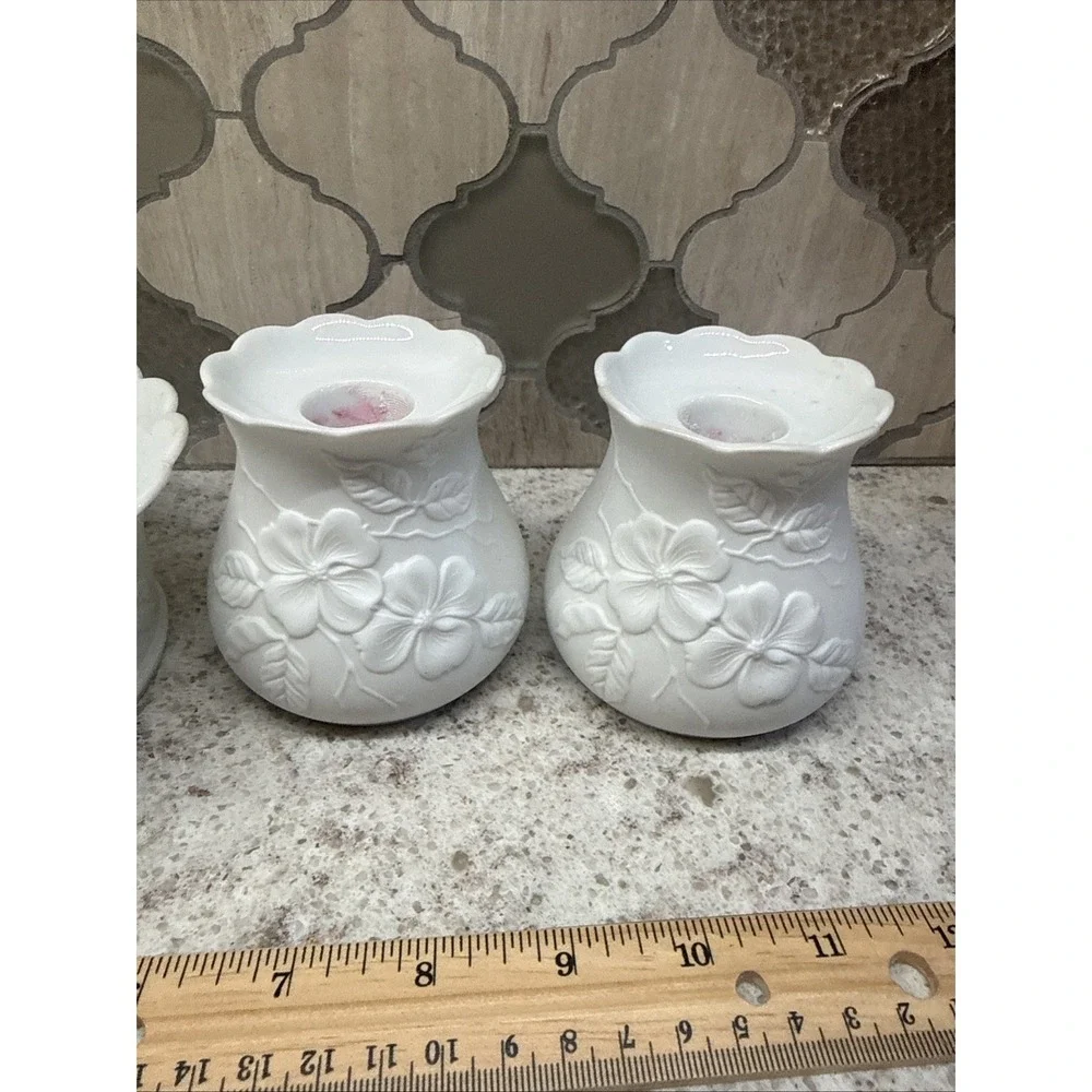 Vintage AK Kaiser Porcelain White‎ Bisque Floral Set 2 Candle Holders Plus Dish